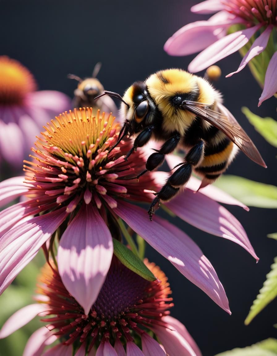 Bumblebee Pollinating Coneflower Blossoms in Hyperrealism