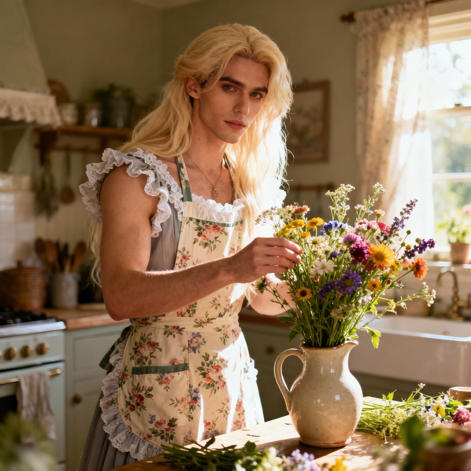 Feminine Guy Arranges Wildflowers in Cozy Kitchen