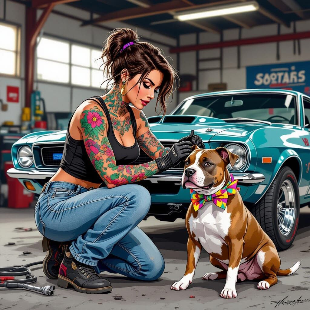Muscular Mechanic Superhero With Muscle Car and Pitbull