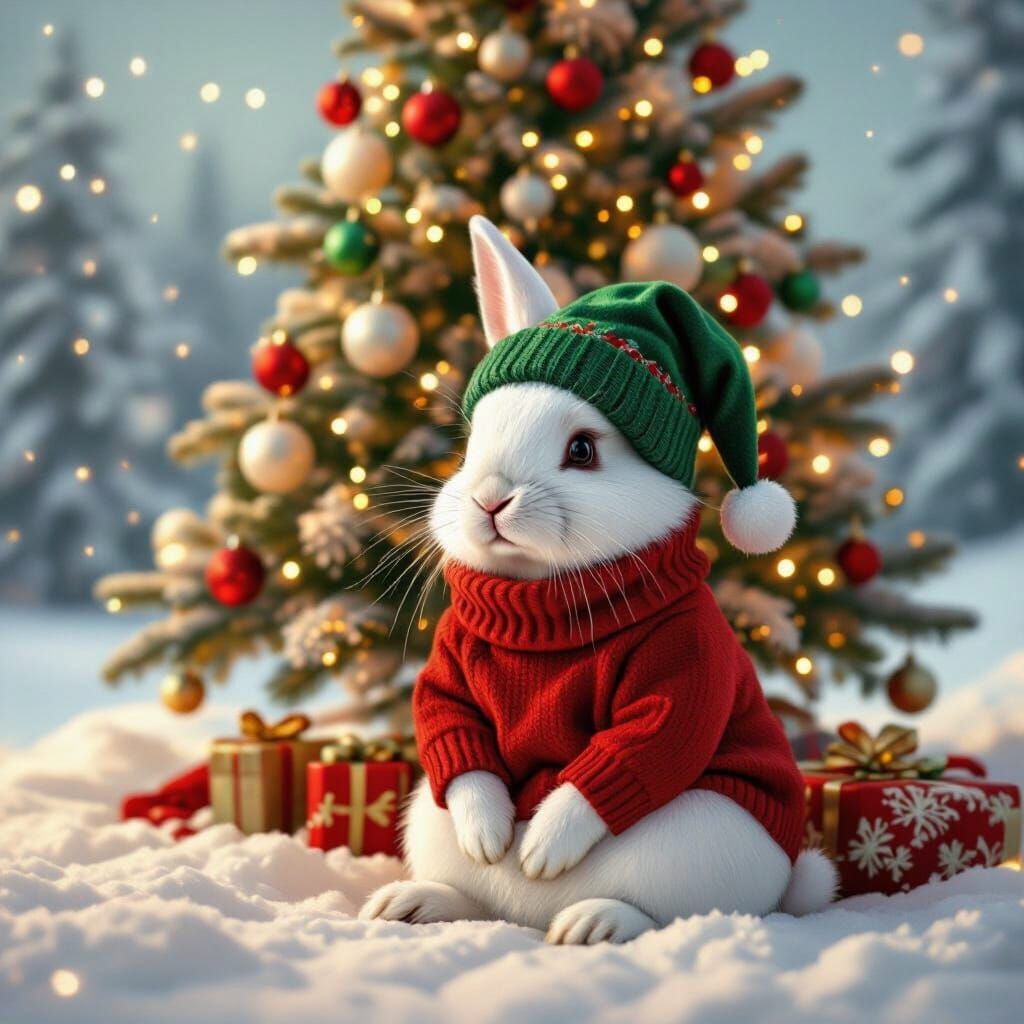 Festive White Rabbit by Christmas Tree in Hyperrealism