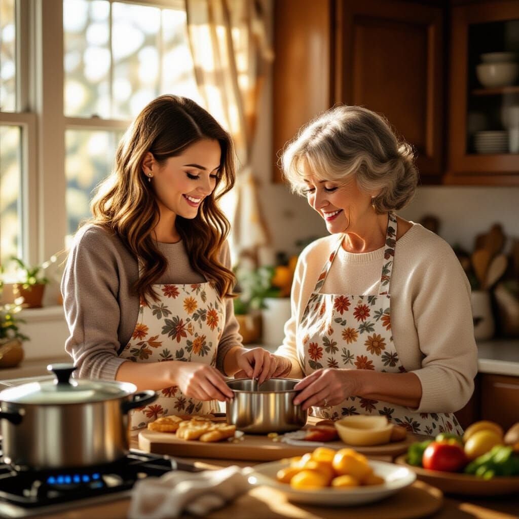 Mother and Daughter Prepare Thanksgiving Dinner in Warm Kitc...
