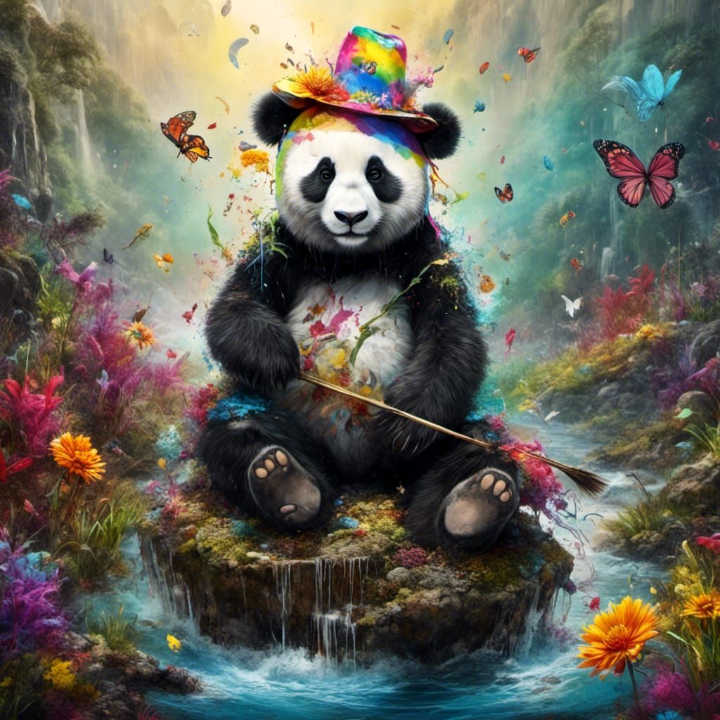 Hyperrealistic Portrait in Panda Hat with Rainbow Colors