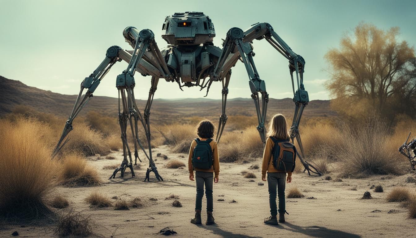 Children in Wasteland with Robot: Cinematic Film Still