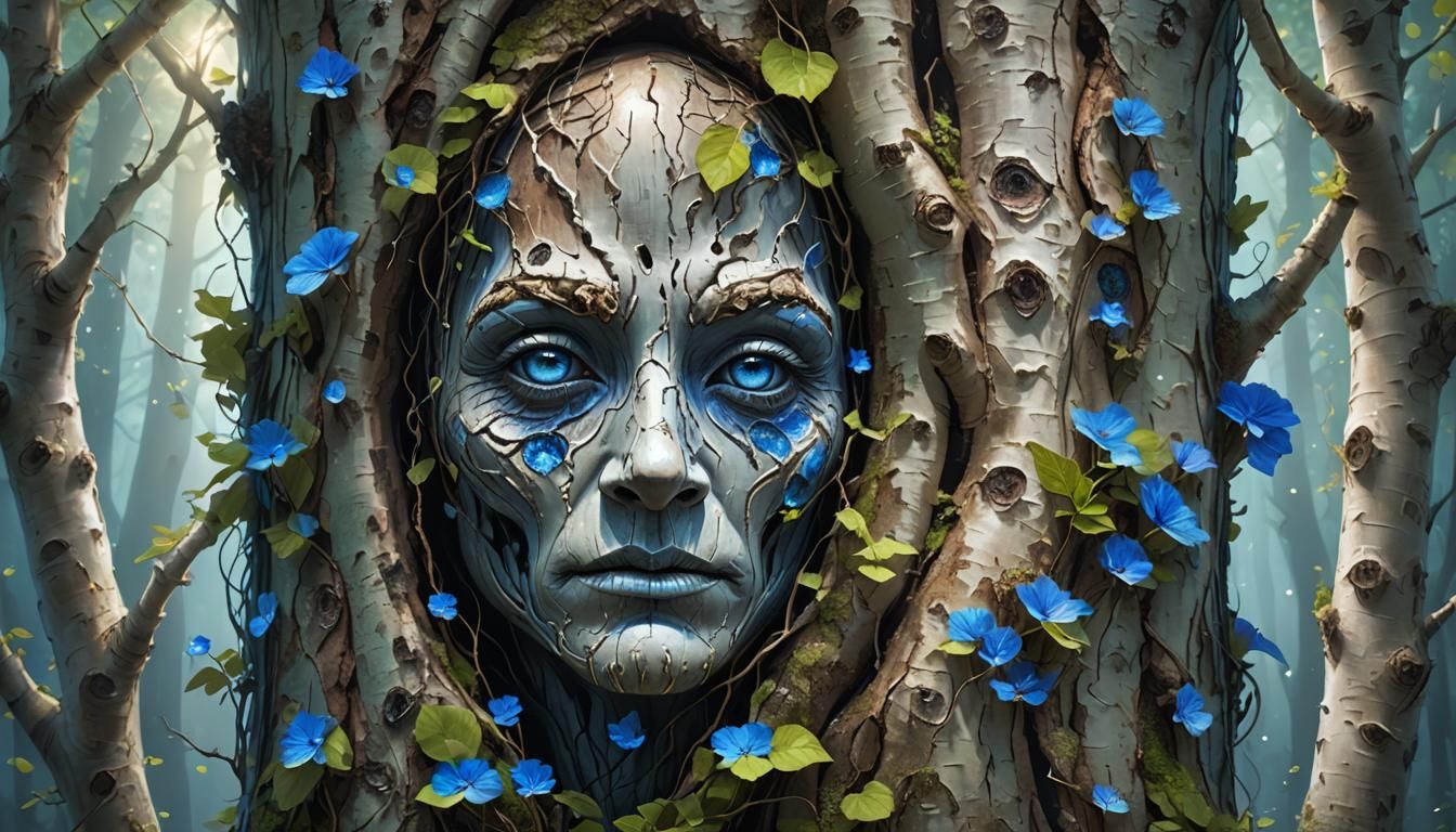 Mysterious Forest Spirit in Birch Tree, Fantasy Art
