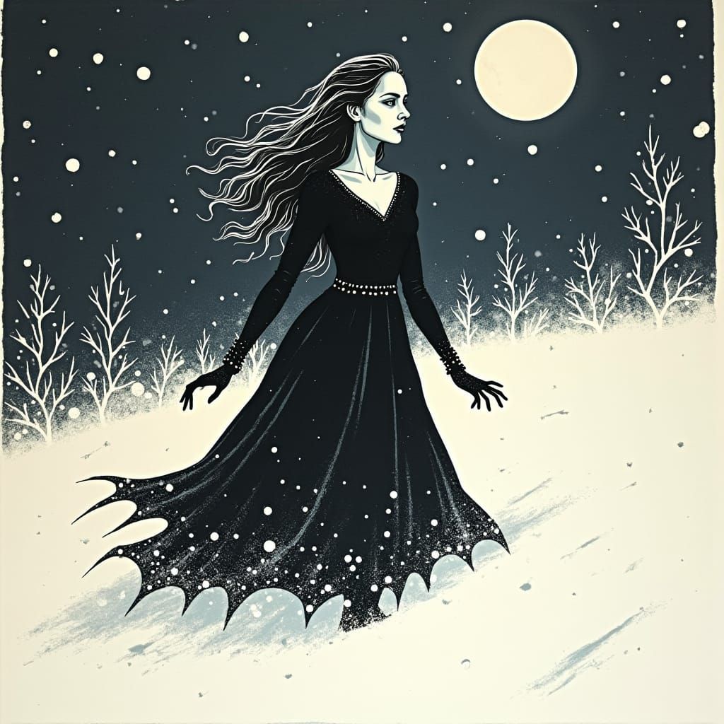 woodcut, linocut, relief print. A vampire glides gracefully through the snow, her porcelain skin shimmering against the ...