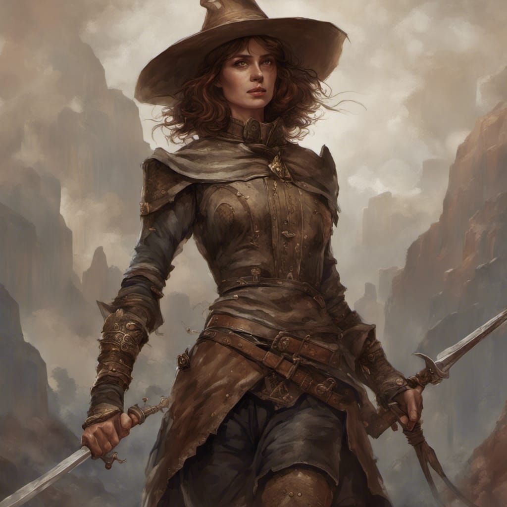tall, manly, ugly, burly woman knight with short brown hair, a hat, edgy face, carrying a rapier, tunic, brown jerkin de...