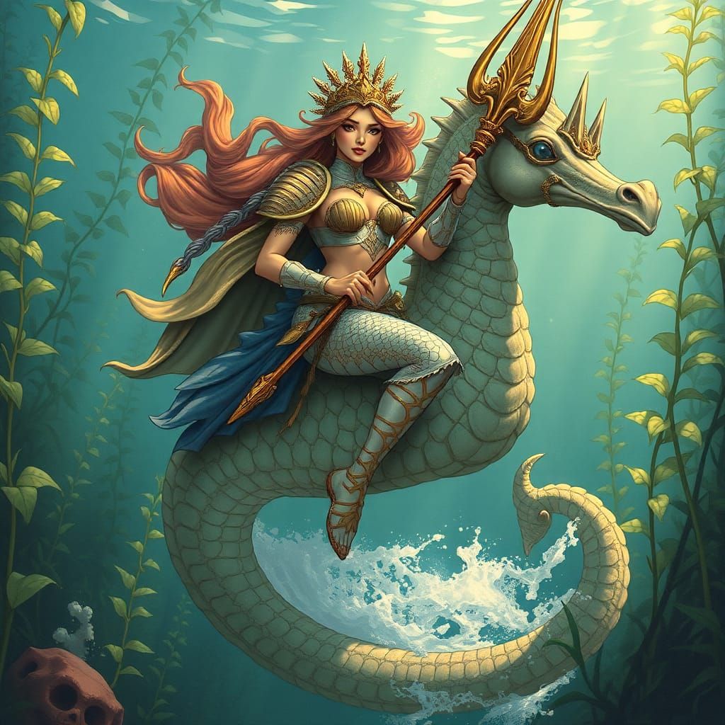 Mermaid Warrior Riding Seahorse in Art Nouveau Style