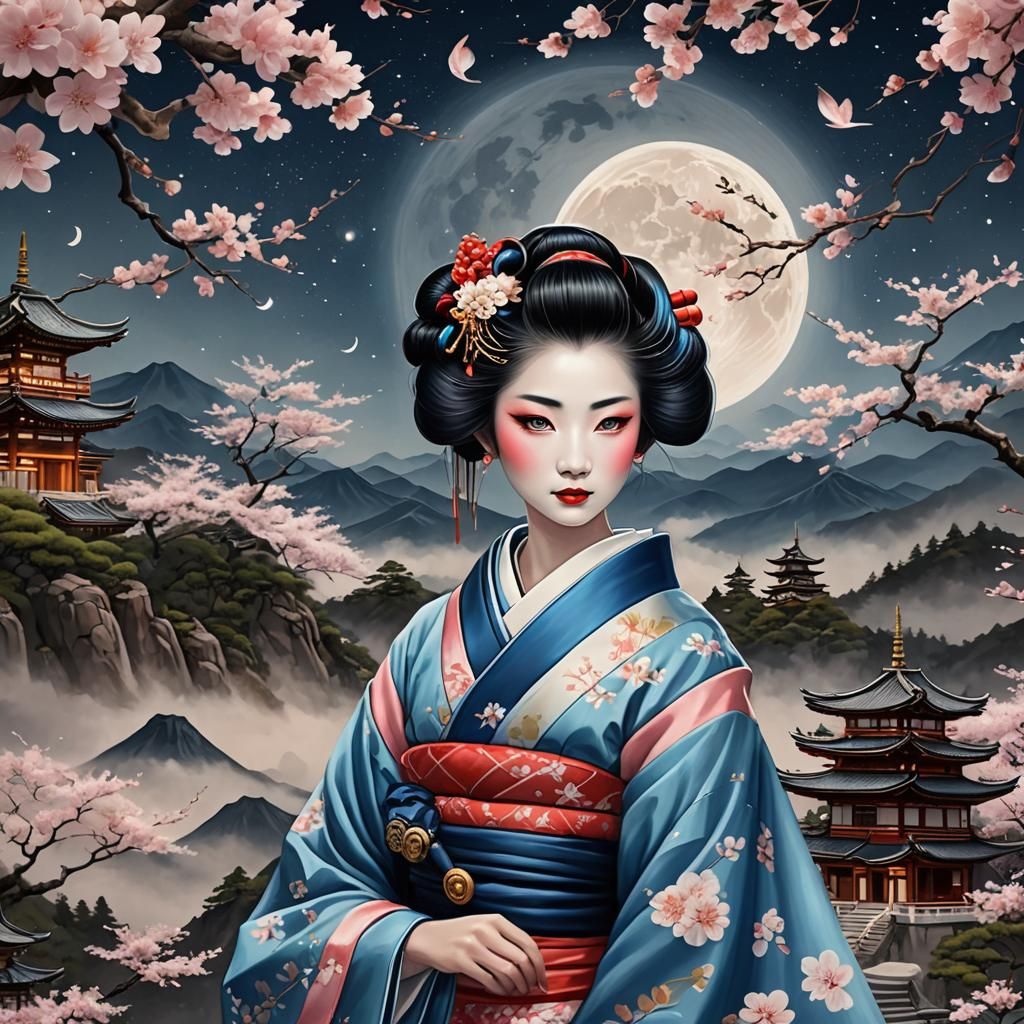 Geisha with Blue Eyes in Japanese Landscape