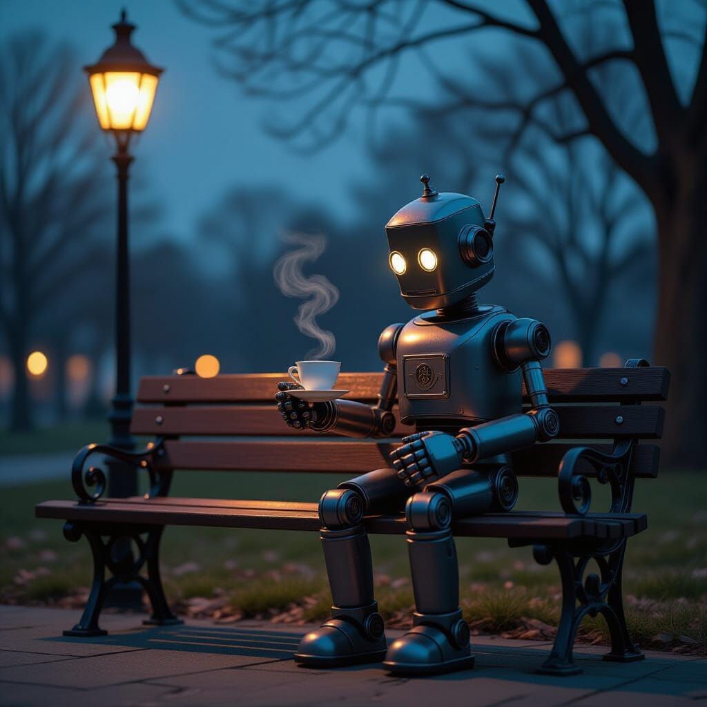 Vintage Robot Enjoys Tea on Park Bench