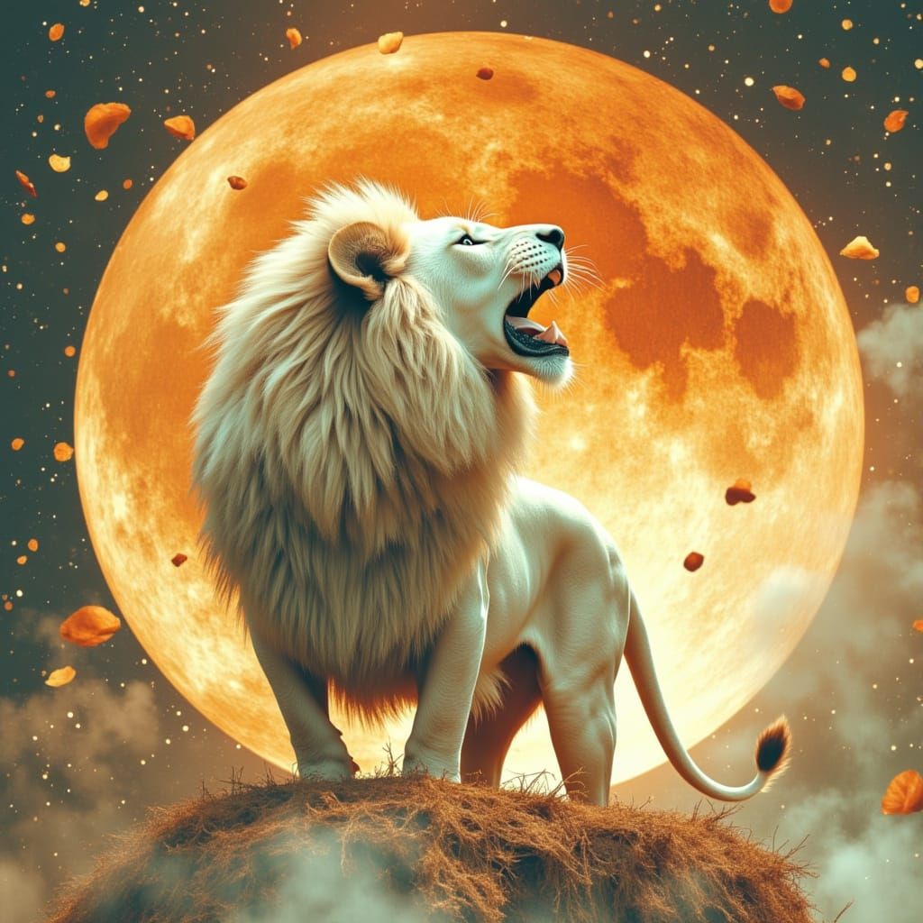 White Lion with Orange Moon in Dreamlike Style