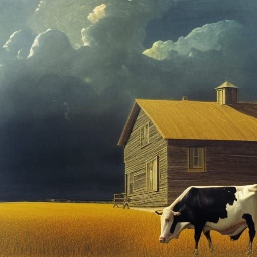 Farmhouse with Cow in Golden Cornfield