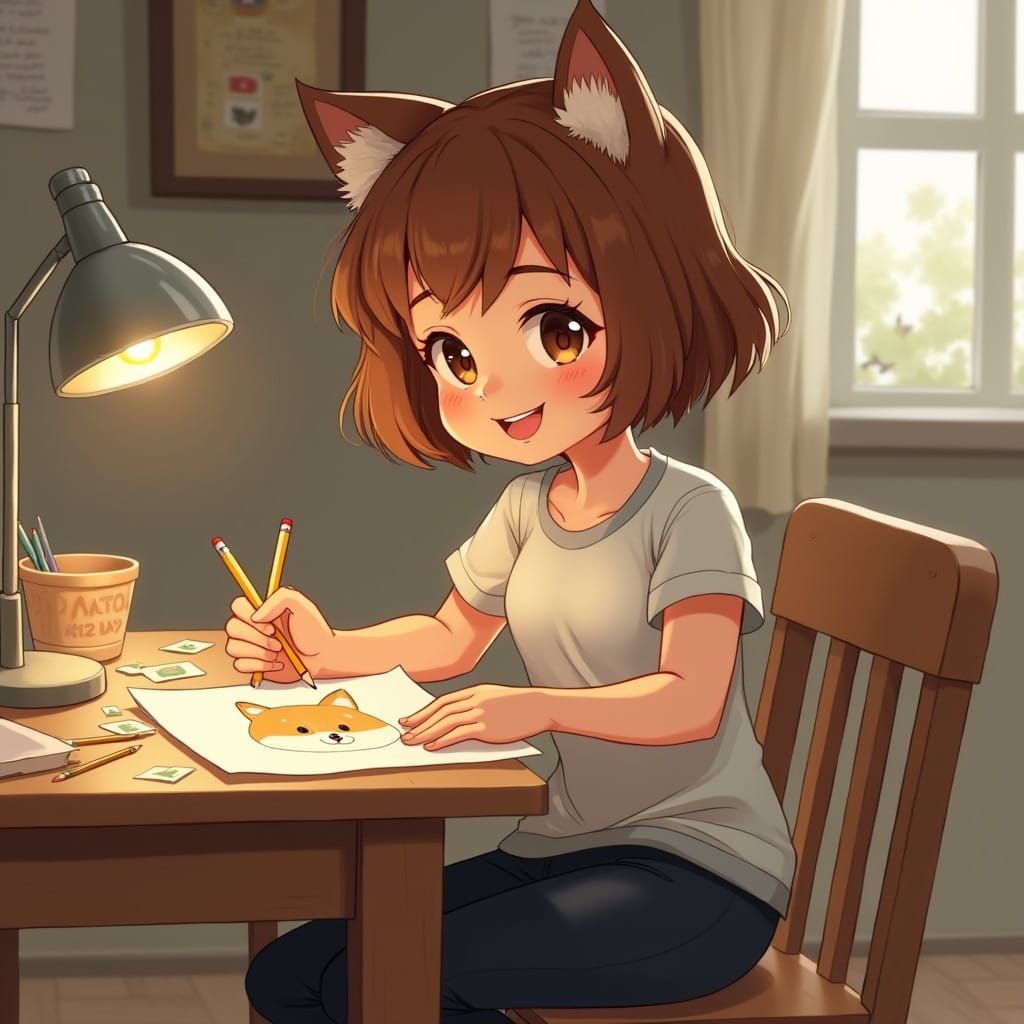 Young Girl Illustrates a Shiba Inu in Cozy Study Setting