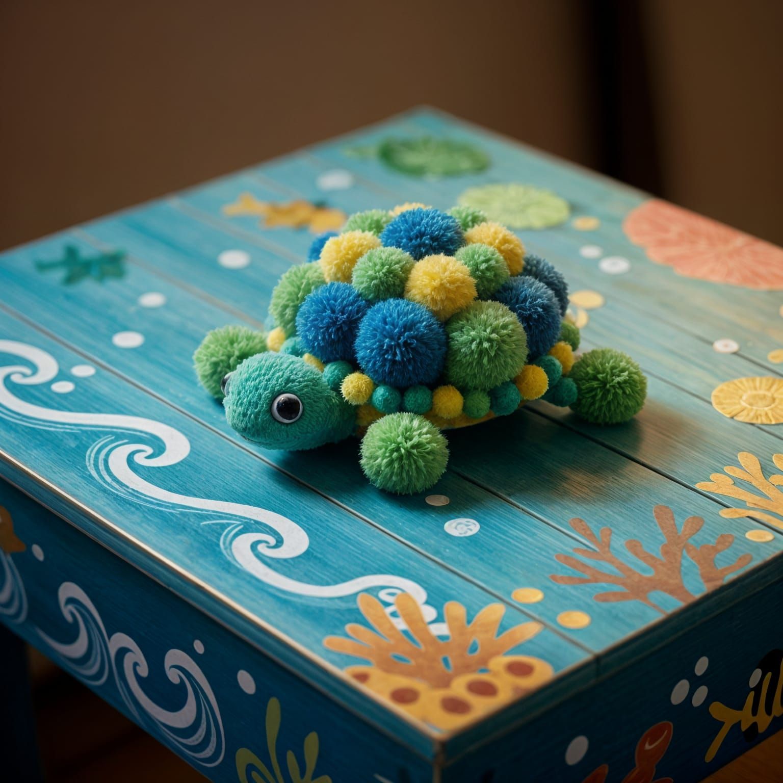 Pom Pom Turtle on Ocean Table, Warmly Lit