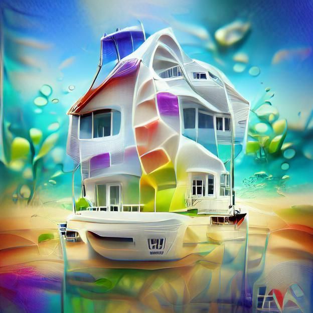 Translucent House on the Sea: Digital Watercolor Art