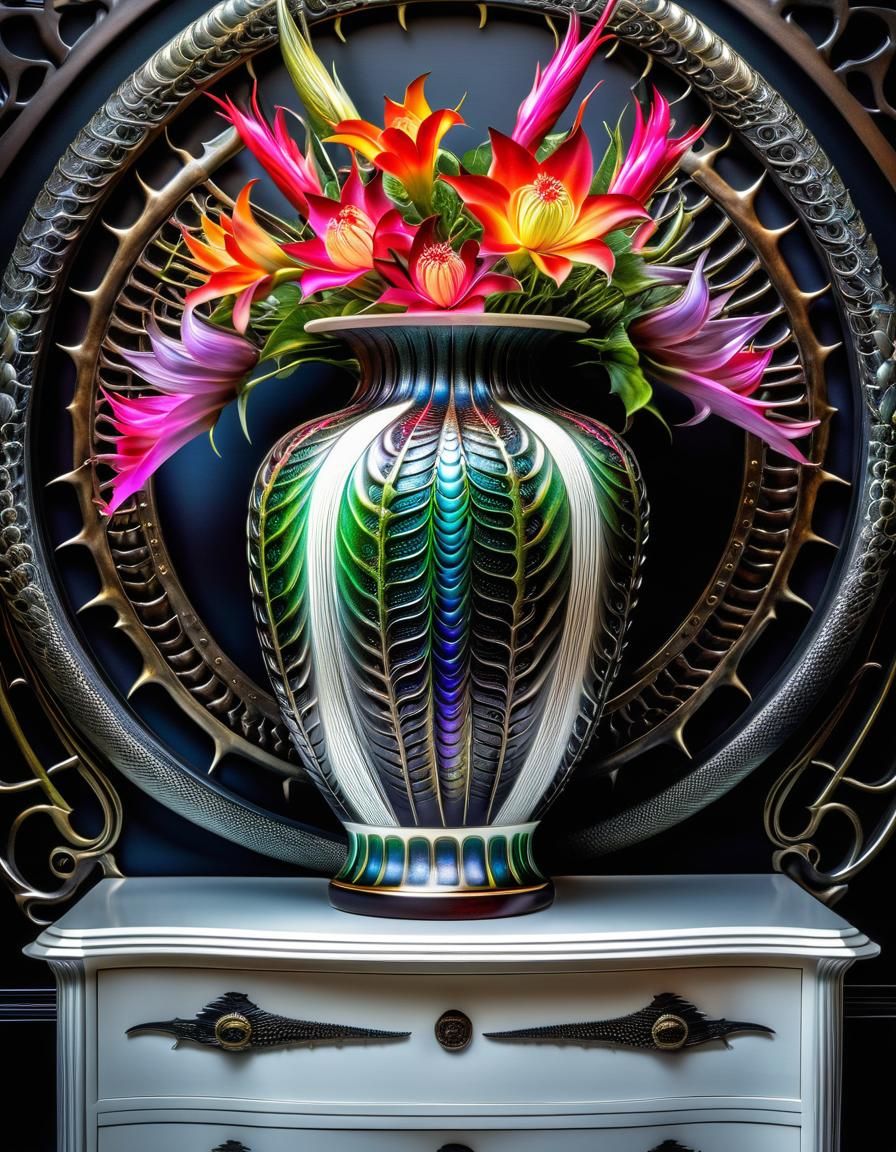 Japanese Vase with Dragonflowers in Giger Style