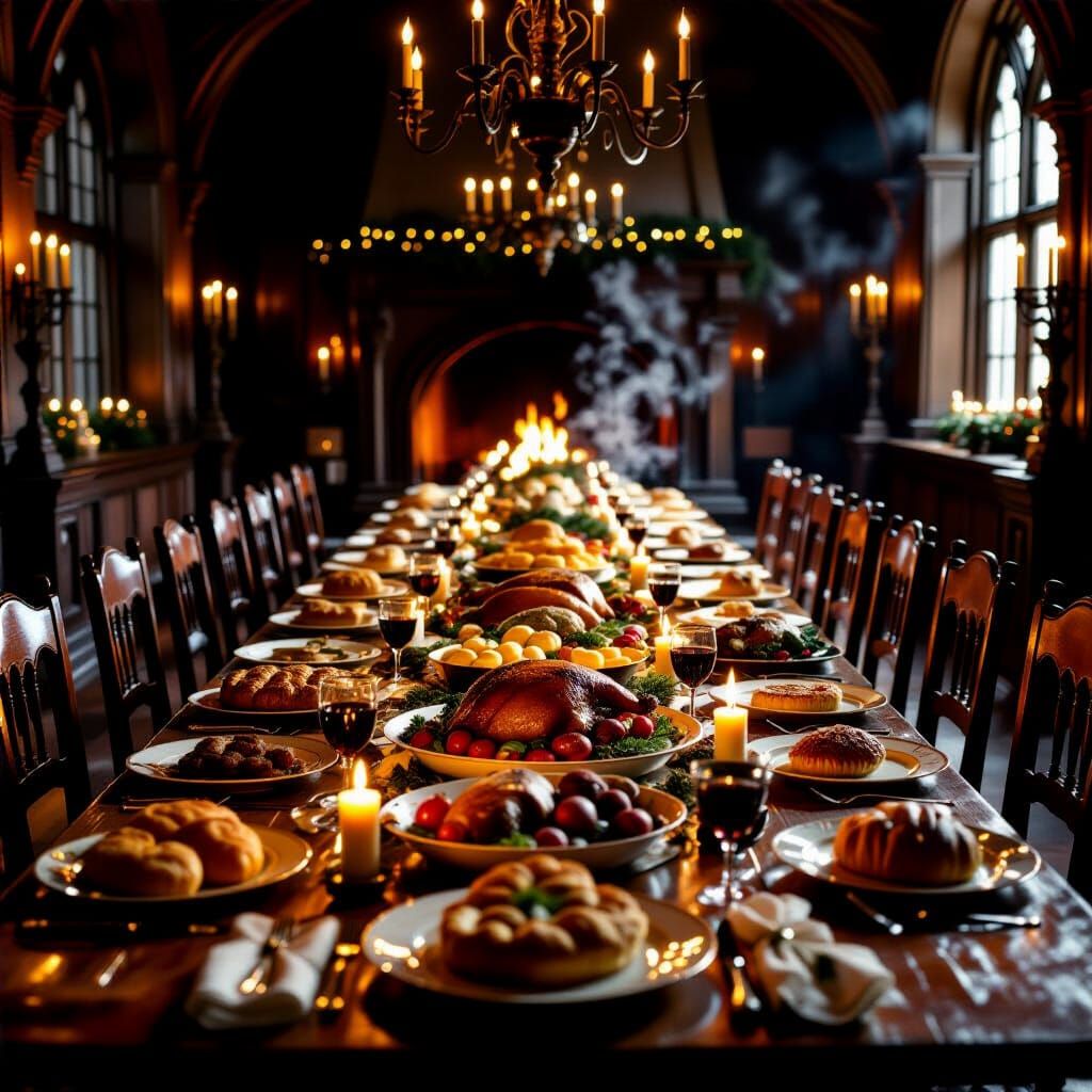 Lavish Christmas Feast in Candlelit Hall