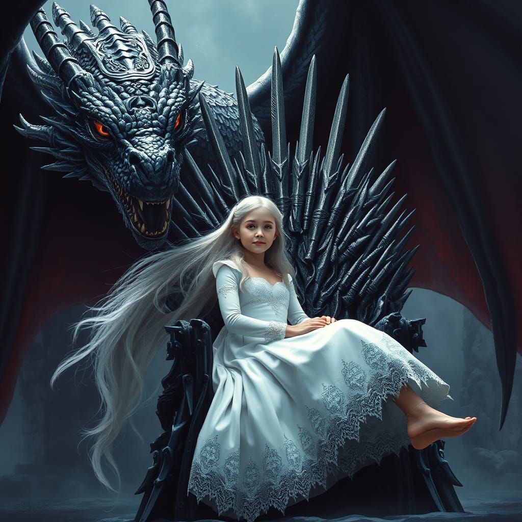 Black Dragon Guarding Girl on Iron Throne