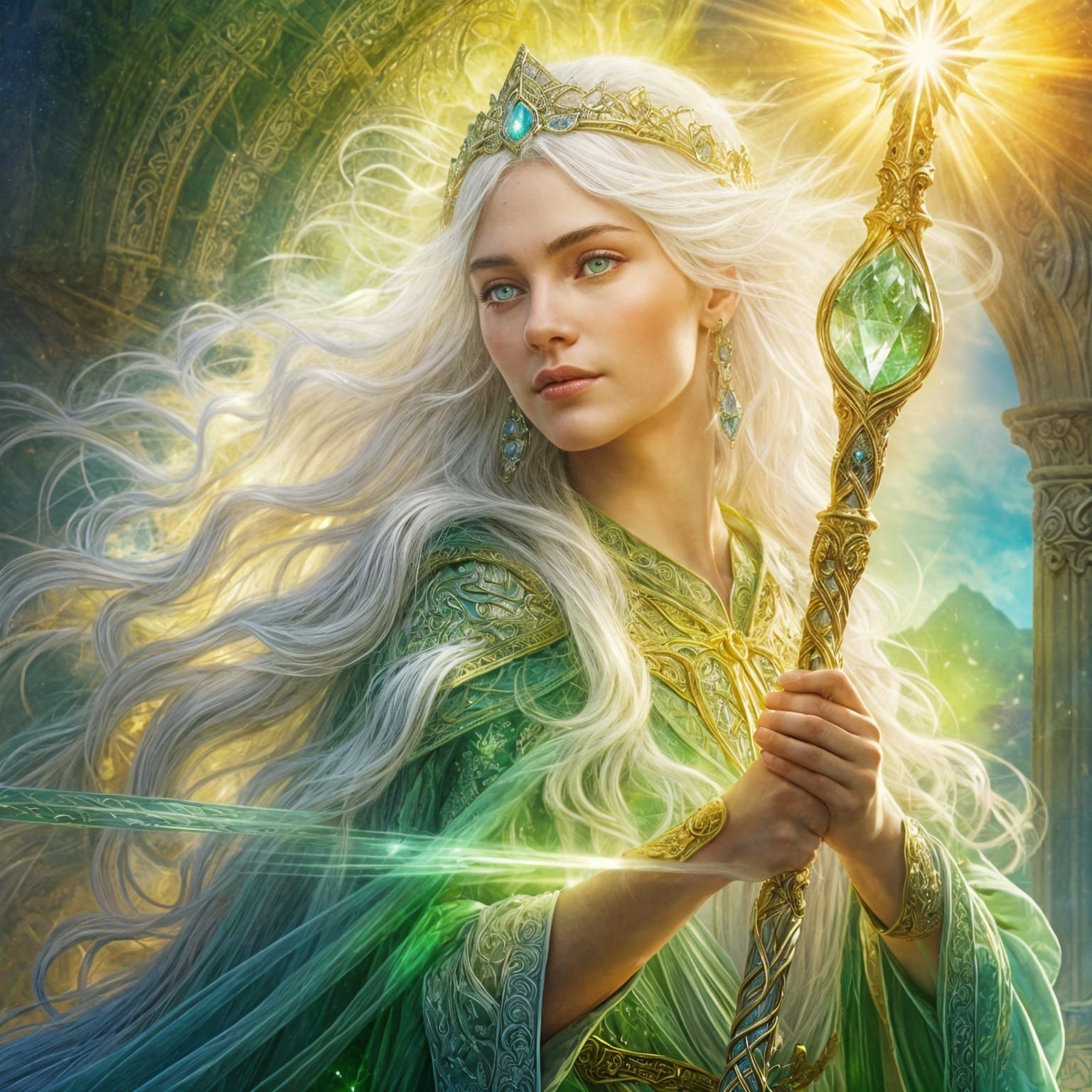 A close-up portrait of a young powerful female sorceress who...
