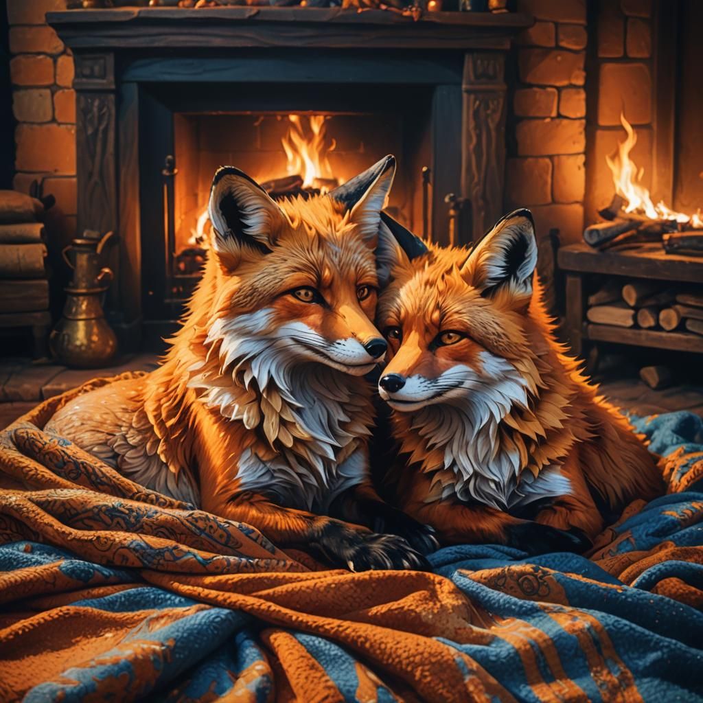 Foxes Cuddling in Firelight: Fantasy Concept Art