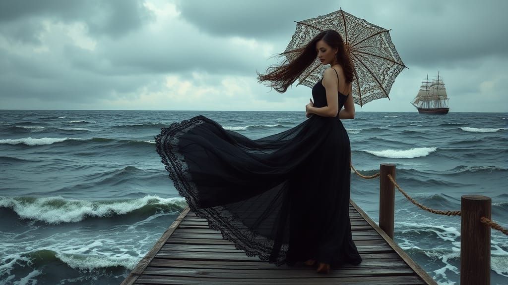 Woman with Parasol on Pier in Romantic Style