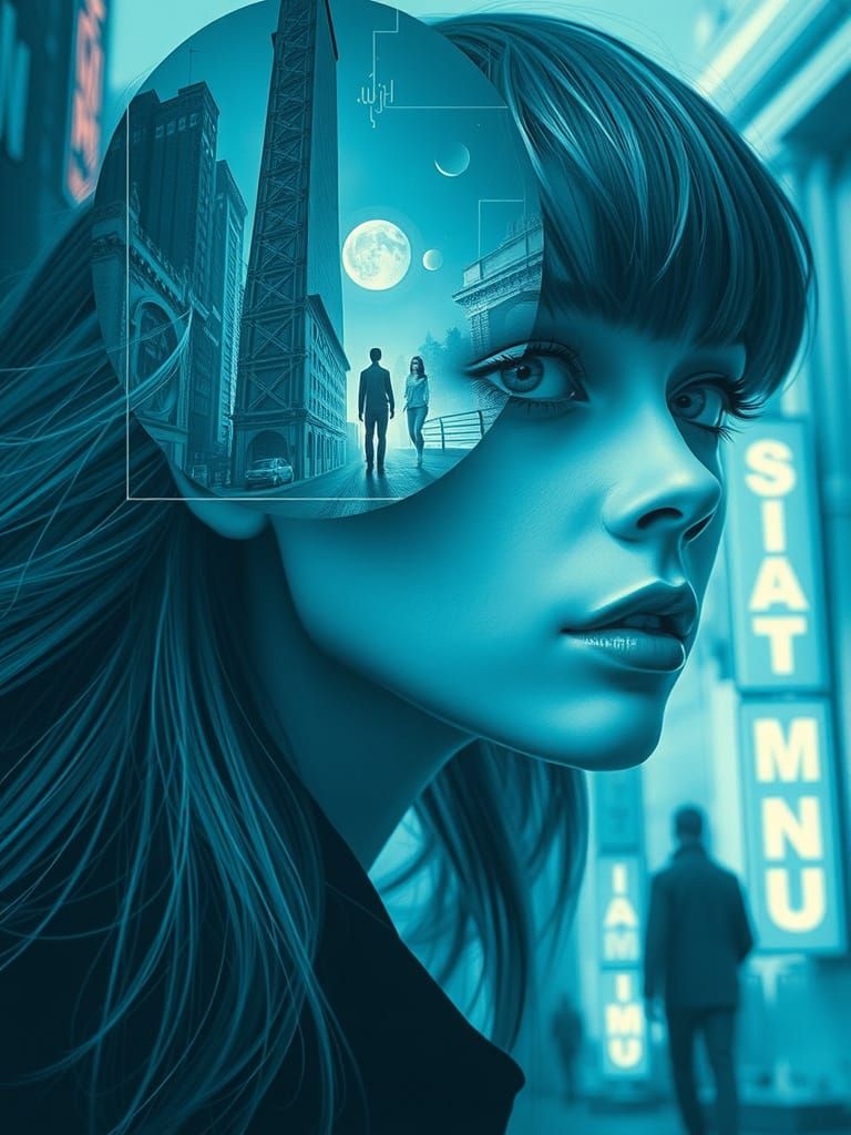 Monochromatic Blue Surreal Portrait in Retro Futuristic Styl...