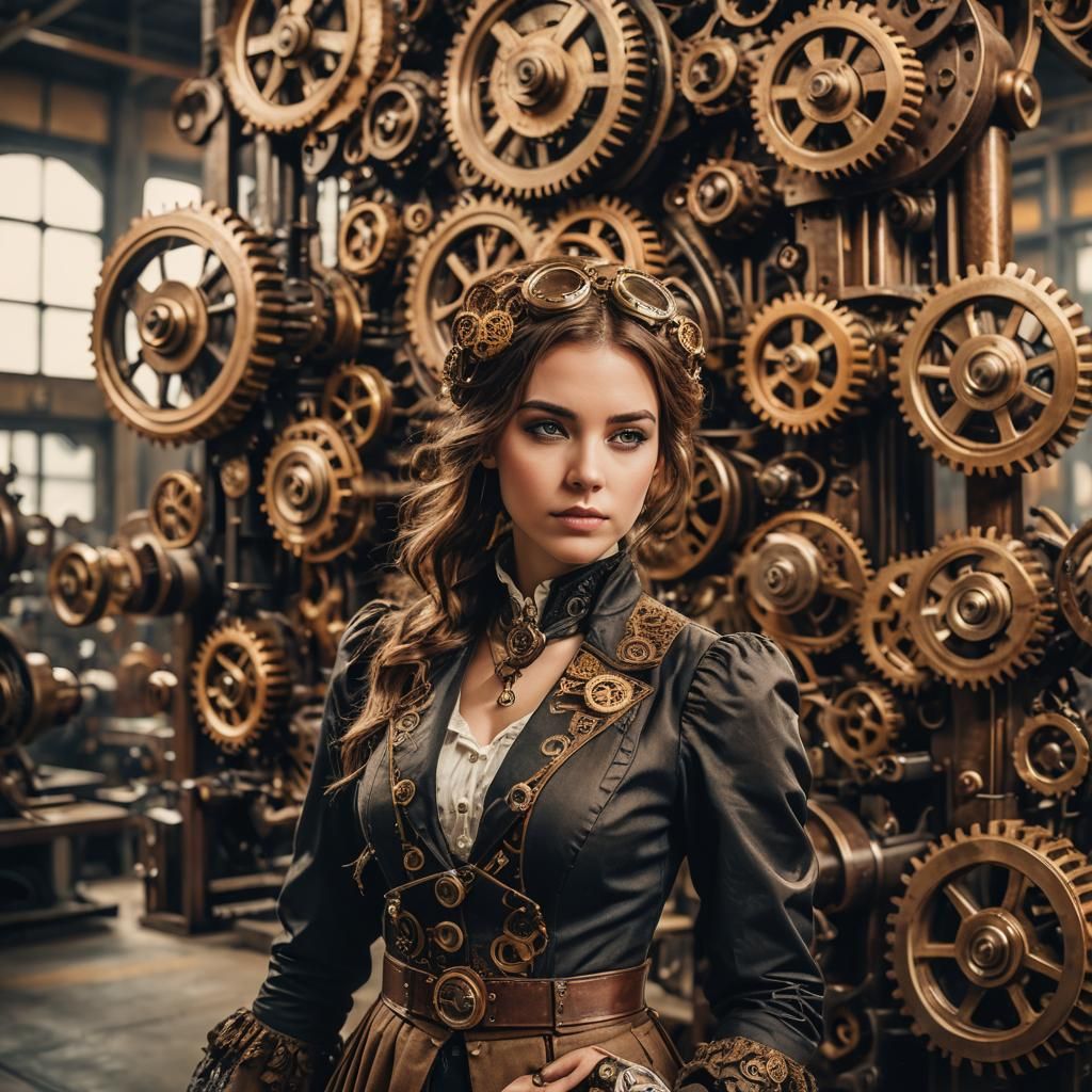 Steampunk Girl in Gear Factory: Cinematic Portrait