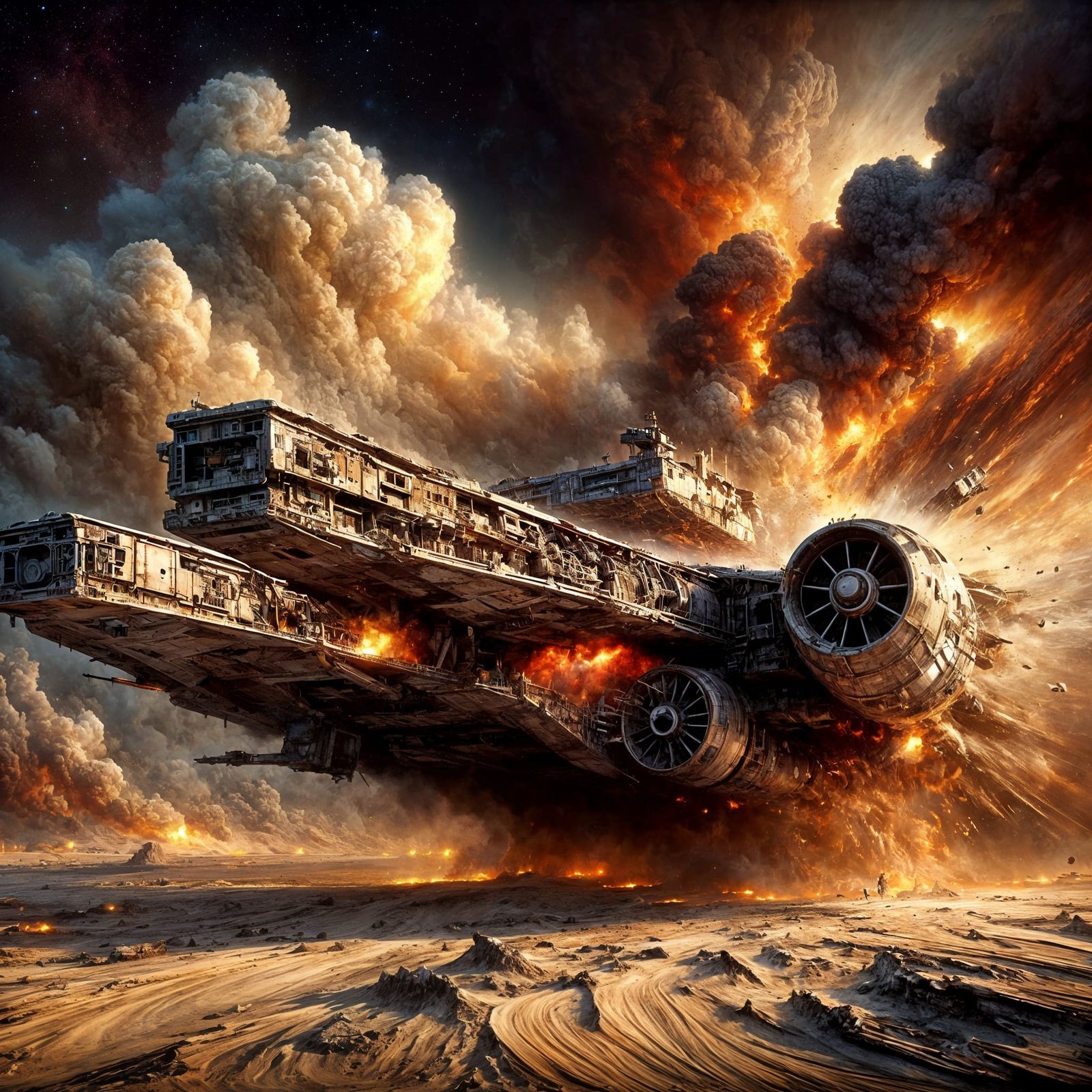 Worn Spaceship Rushes Across Barren Wasteland