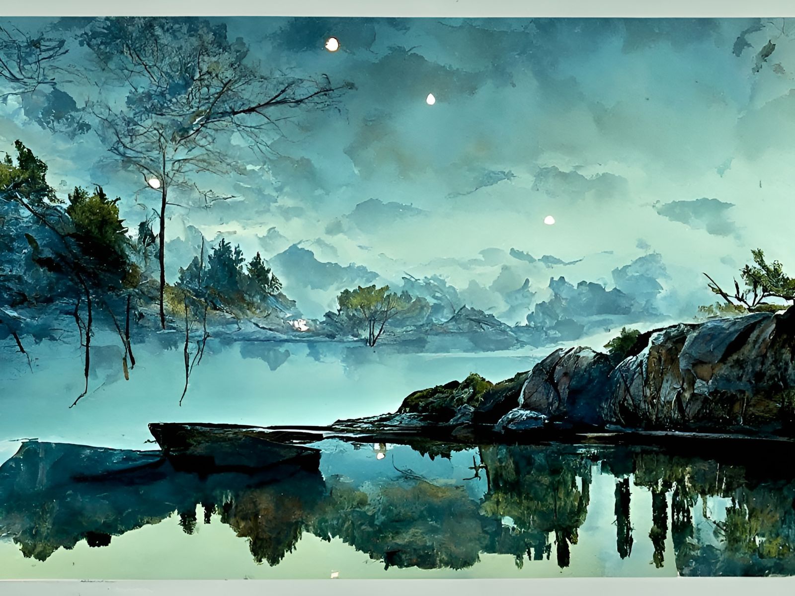 Moonlit Lake Waterscape as Watercolor Painting