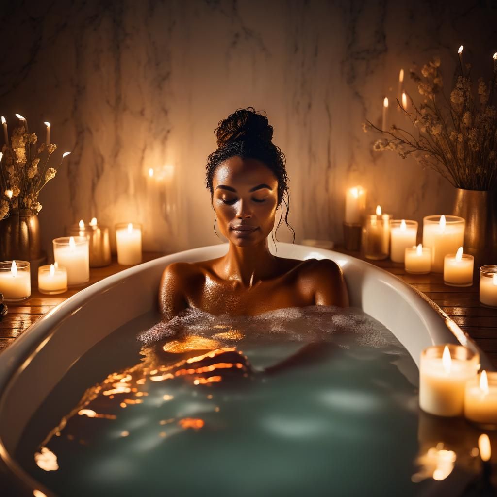 fit woman in a bathtub surrounded by candles beautiful flick...