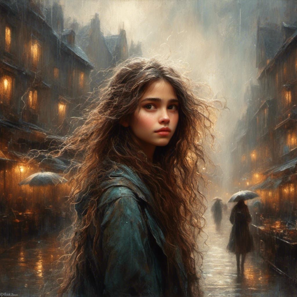 Girl in Rainy Cityscape: Chalk Art Style
