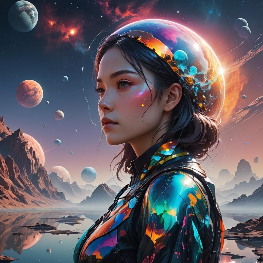 Anime Style Double Exposure Portrait on Alien Planet