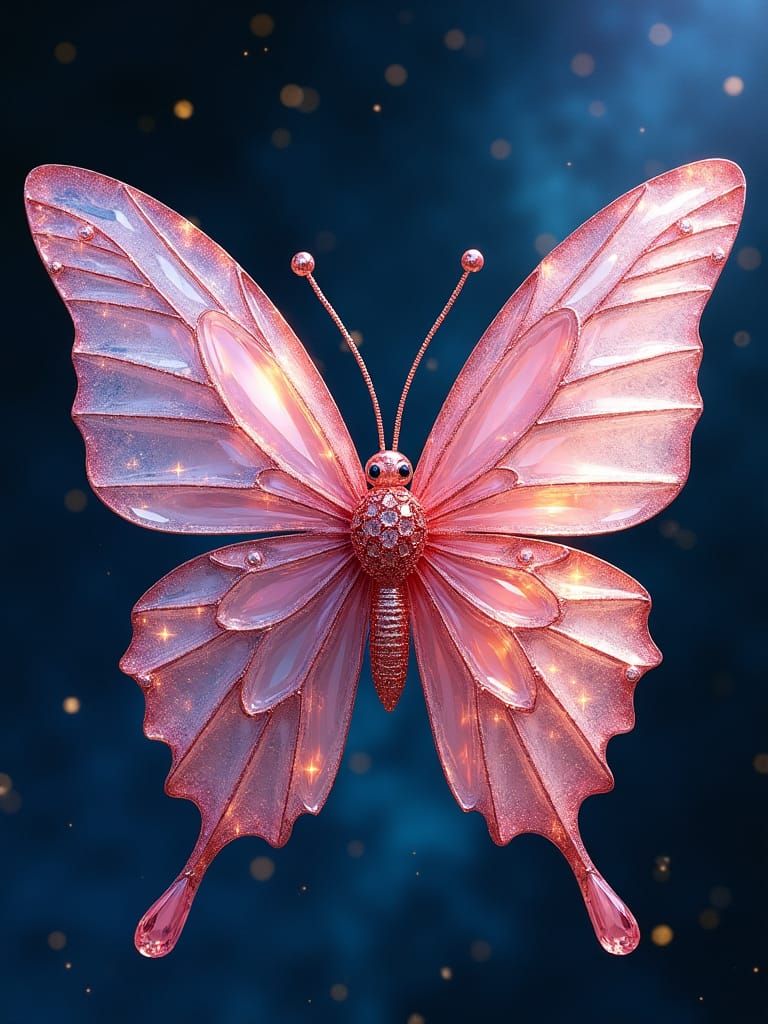 Rose Crystal Butterfly Shimmers in Starry Night Sky