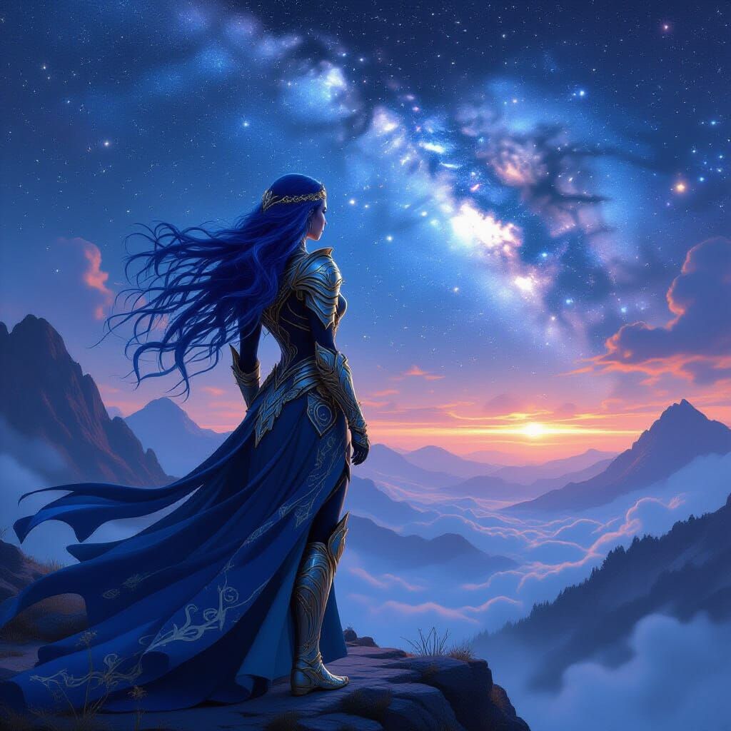 Goddess in Celestial Armor Overlooking Starry Galaxy