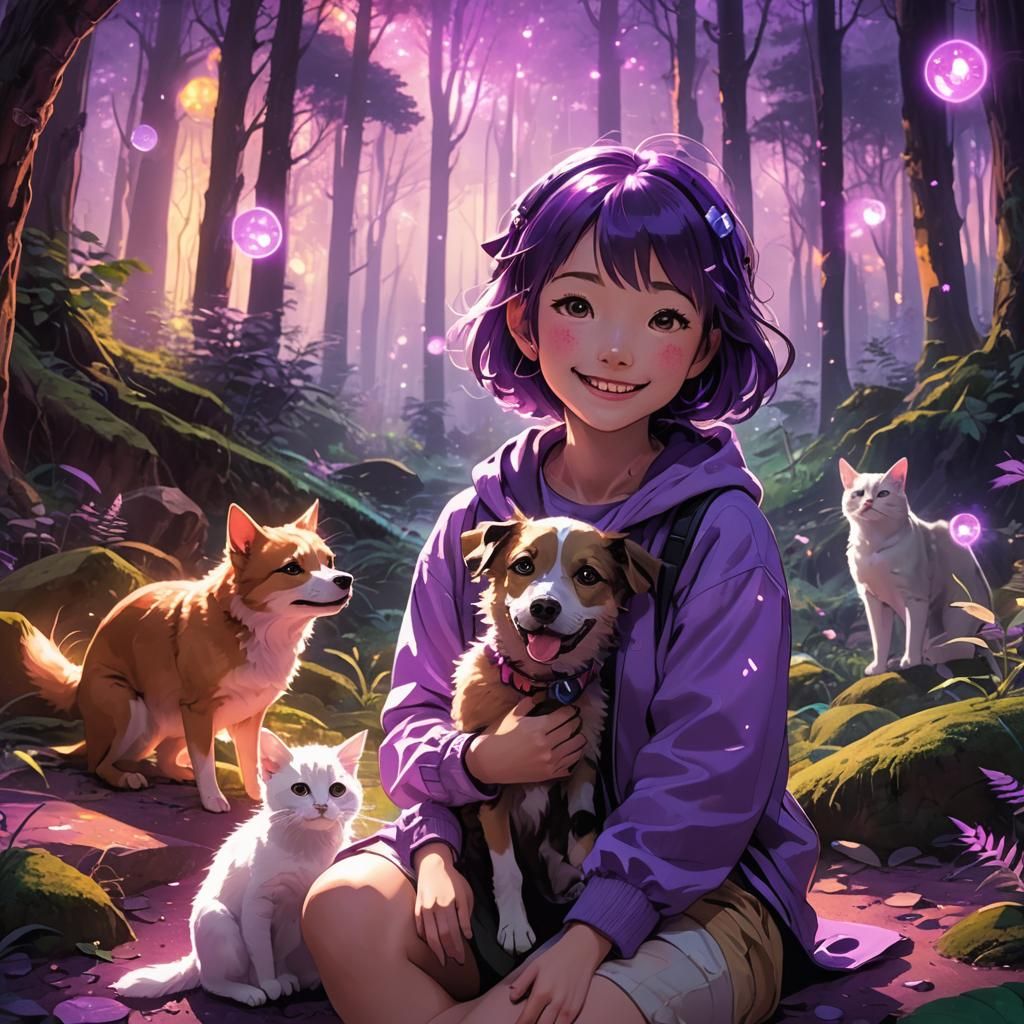Anime Dog and Cat in Mystical Forest