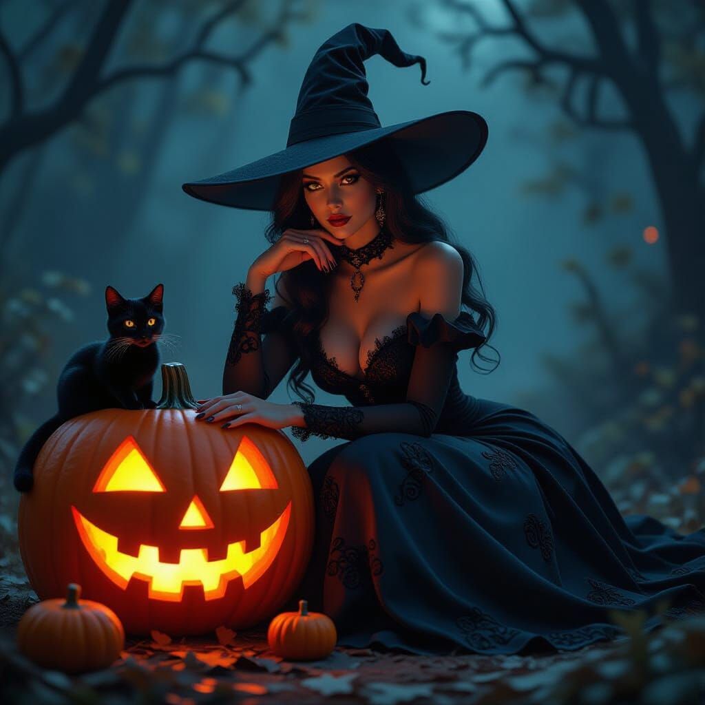 Mysterious Witch and Jack-o'-Lantern in 3D