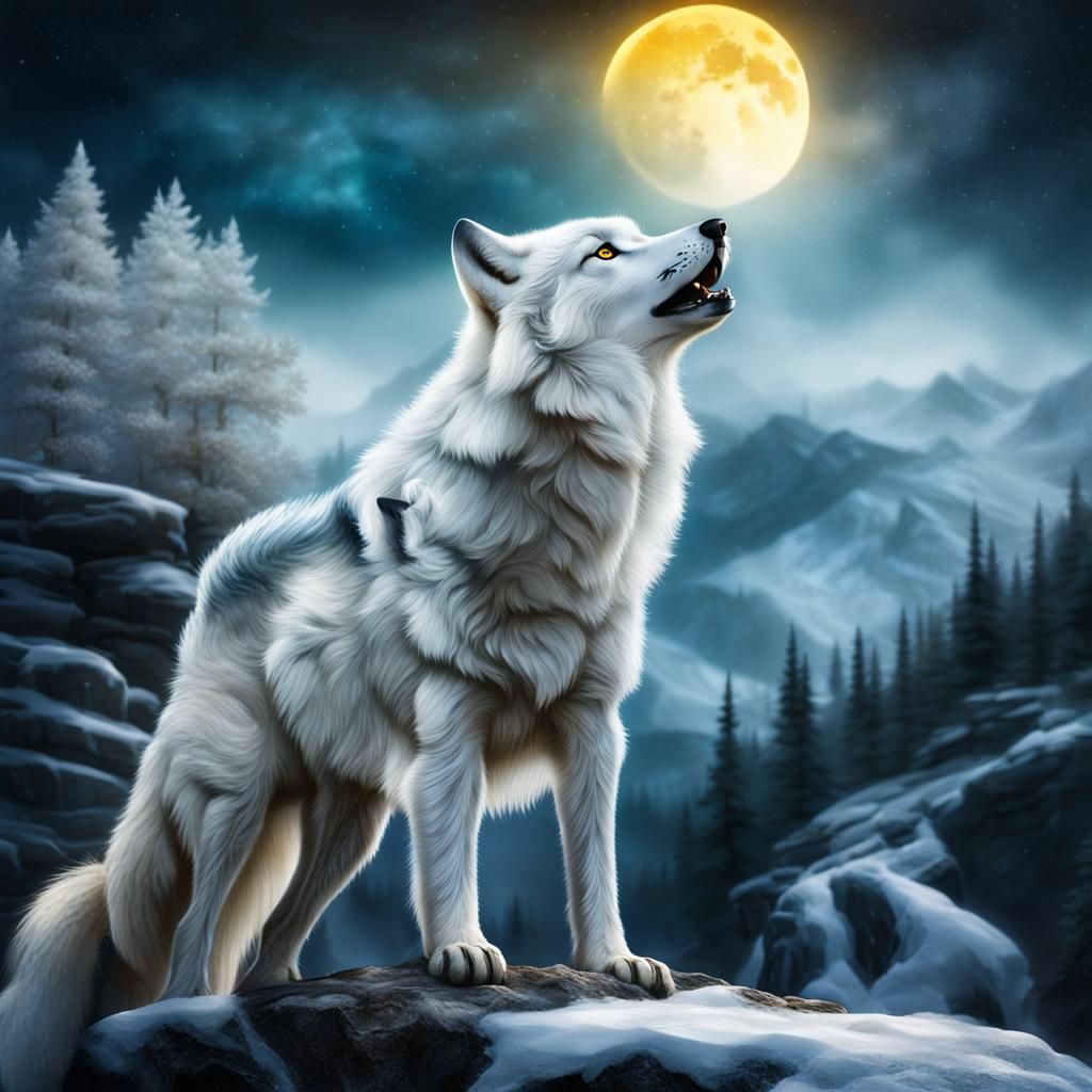 White Wolf Howling at Night in Fantasy Art