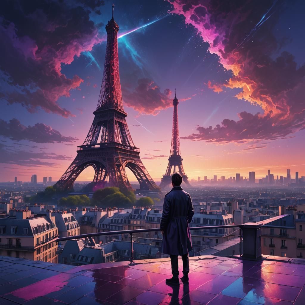 Eiffel Tower at Night in Fluorescent Digital Art