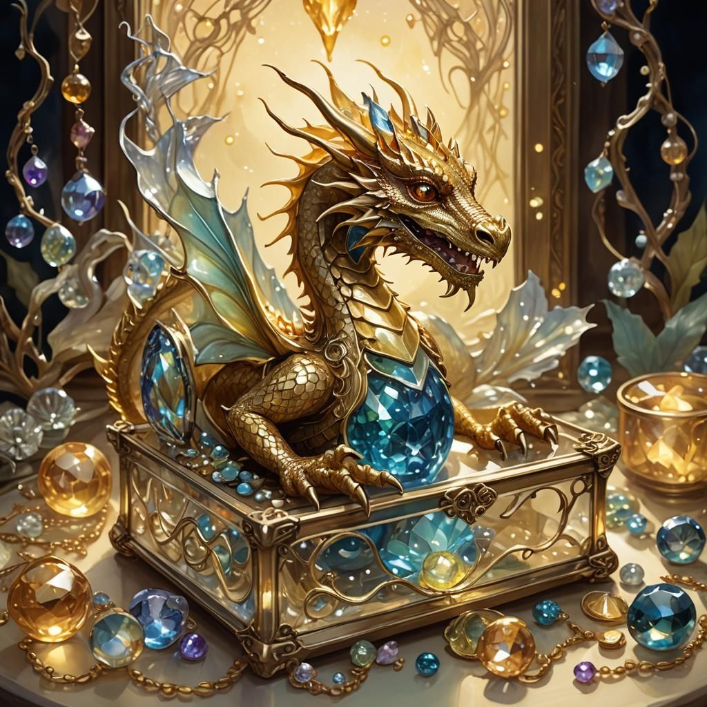 Golden Dragon in Jewelry Box: Whimsical Fantasy Art