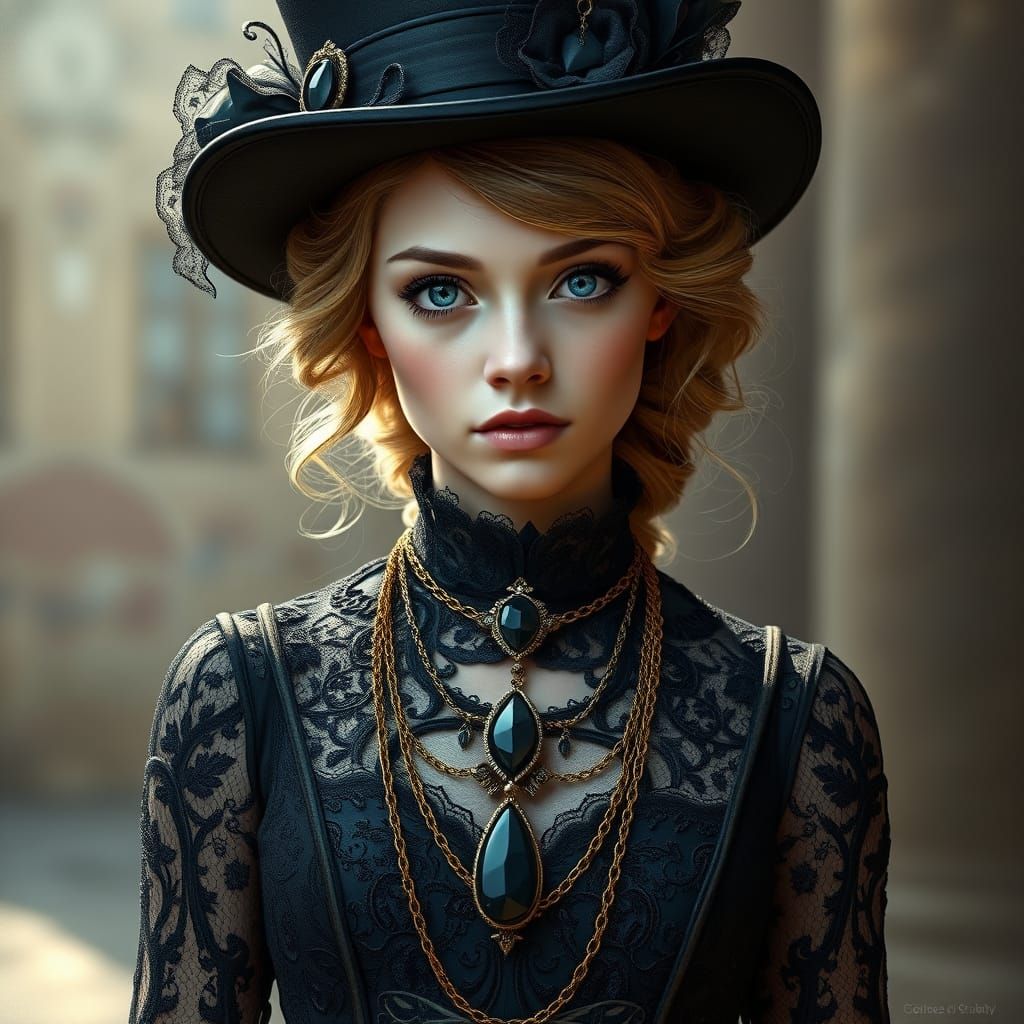 Gothic Victorian Woman in Ornate Black Lace and Top Hat