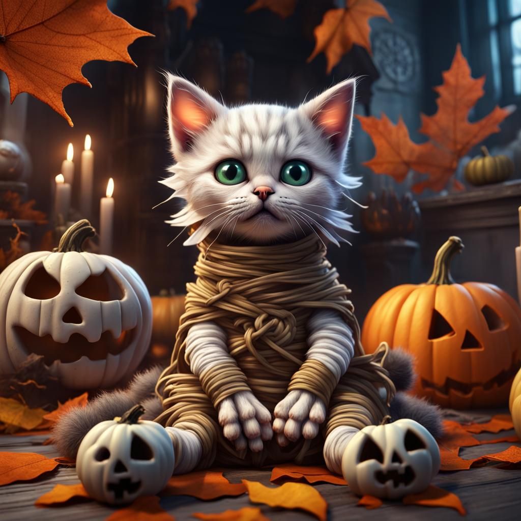 Halloween Kitten Mummy in Spooky Room