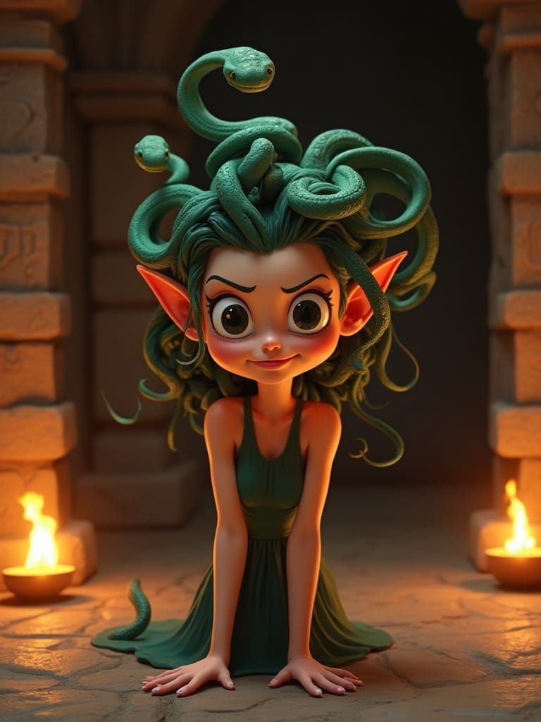 Pixar-Style Medusa Portrait in Ancient Chamber