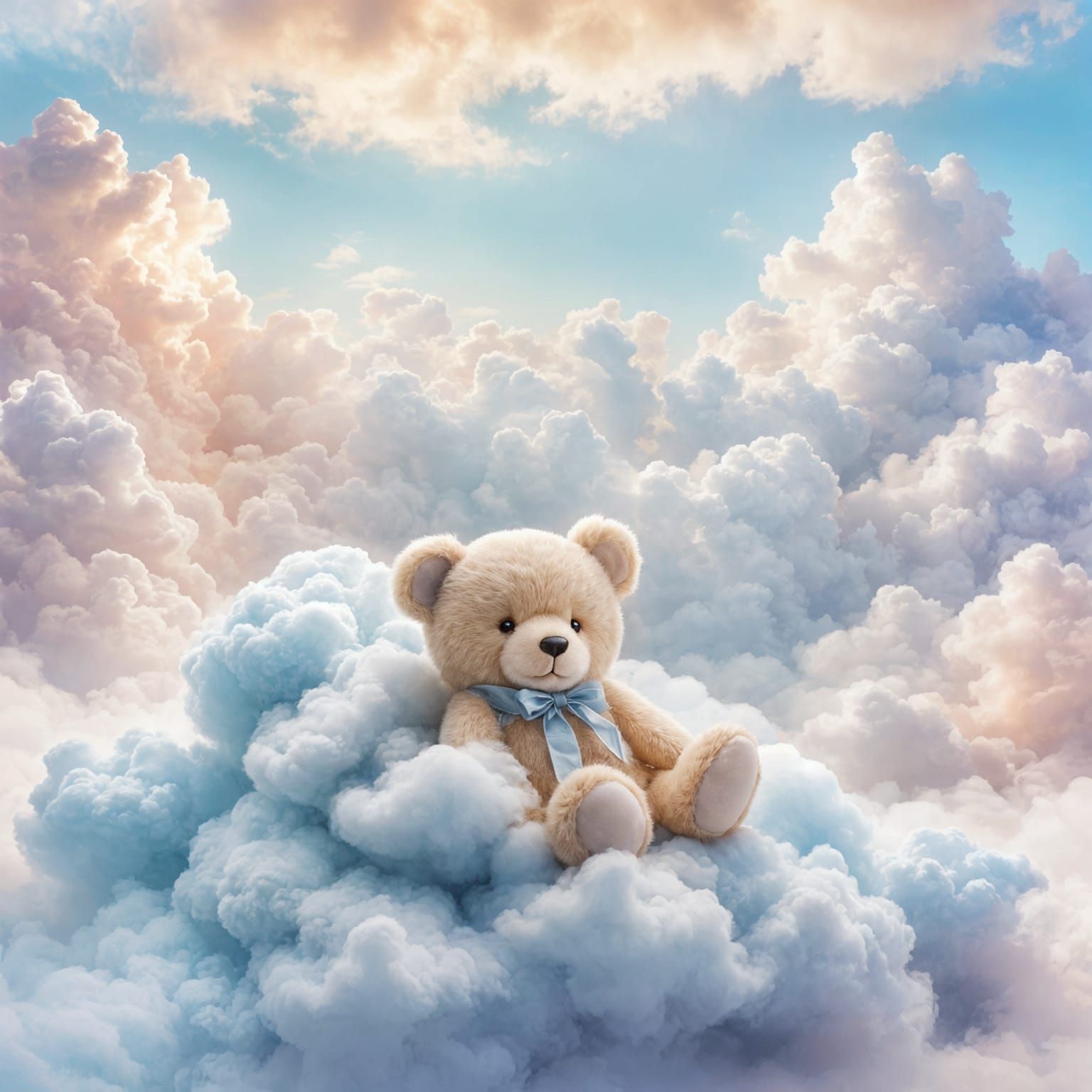 Cloudscape Whimsy: Soft, Pale Blue Bear in Serene Slumber