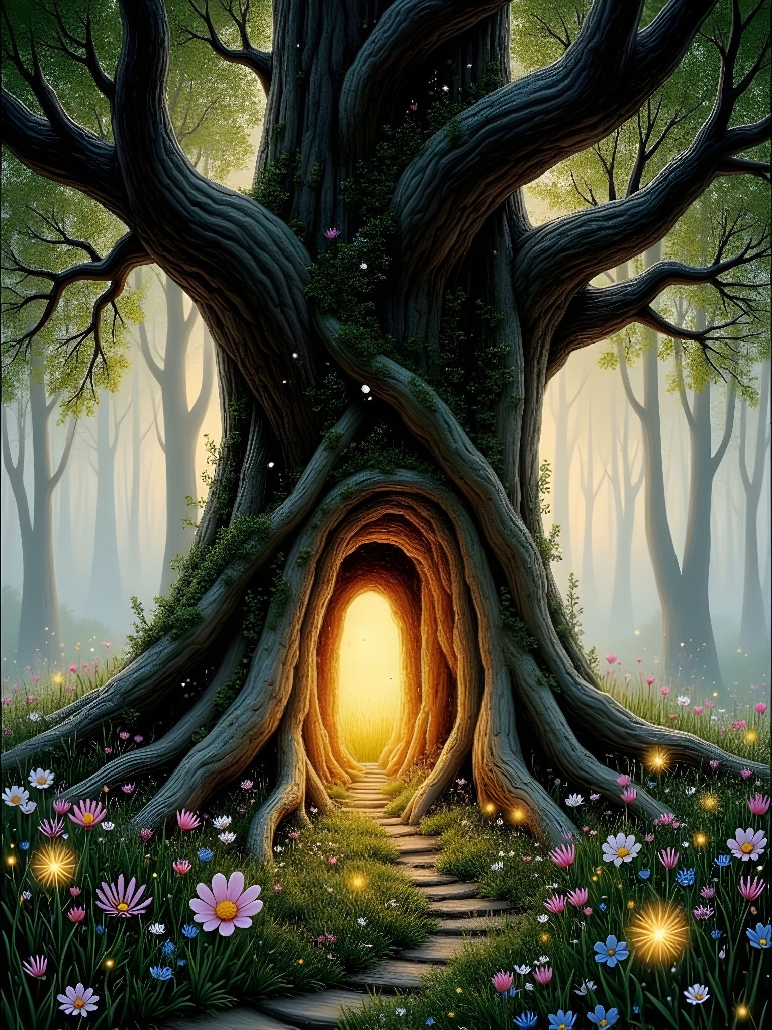Enchanted Forest Hollow Tree With Golden Glow