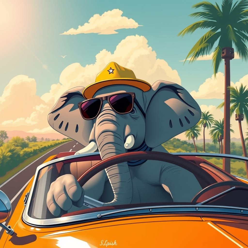 Elephant Driver in a Classic Convertible