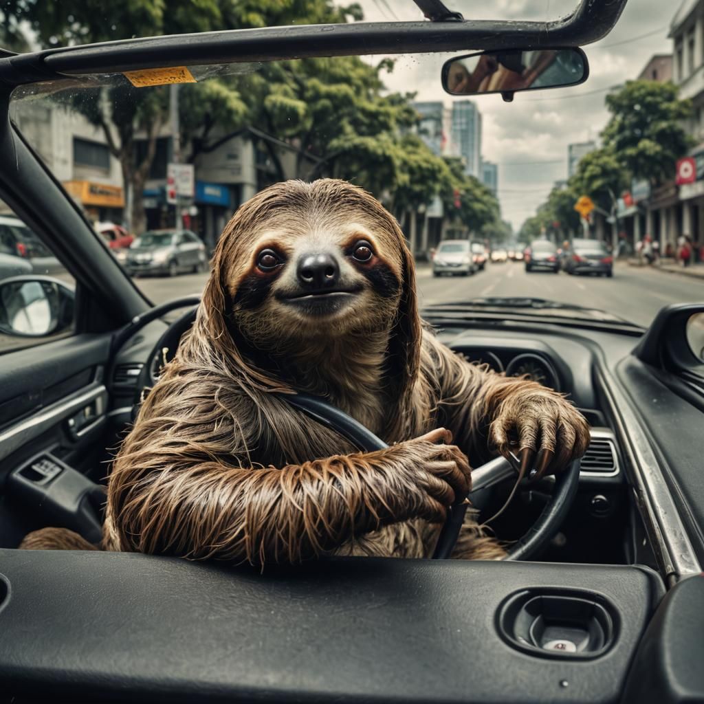 Hyperrealistic Sloth Driving a Car in HDR