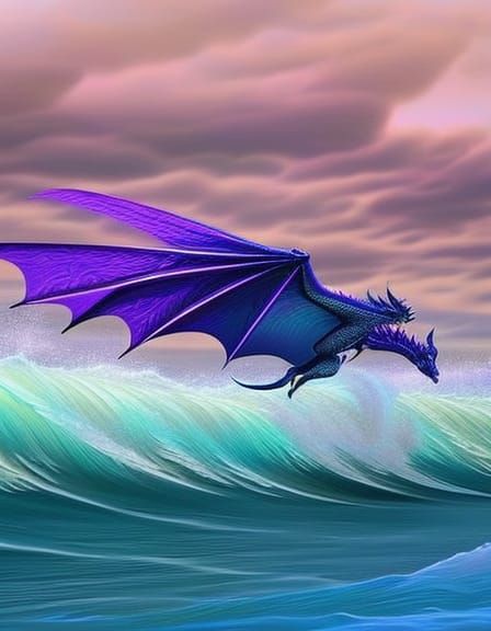 cute iridescent purple  dragon skimming the waves