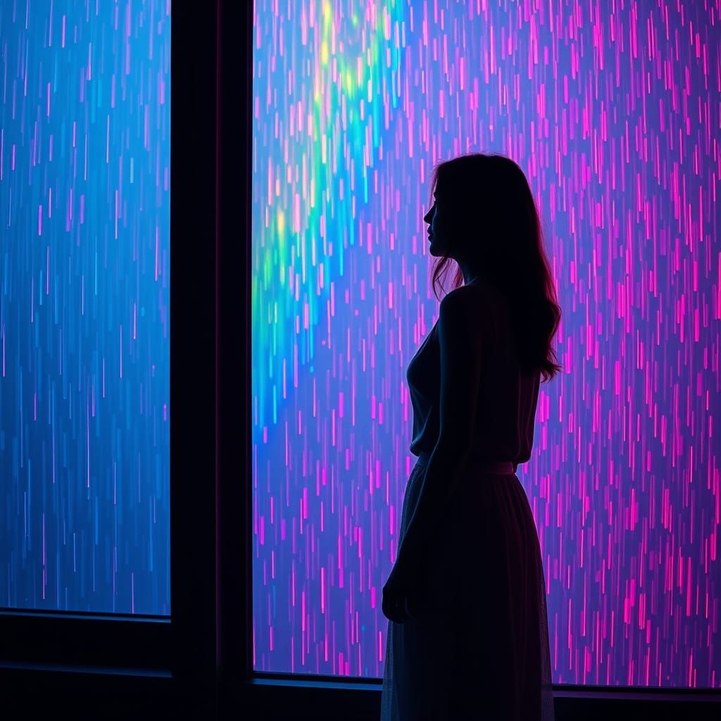 Woman Watching Rainbow Rain: Dreamy Digital Art