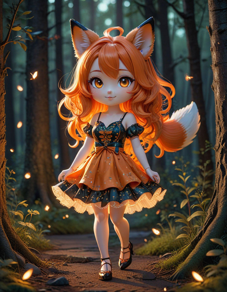 Chibi Anime Girl Dances Amidst Sunset and Fireflies