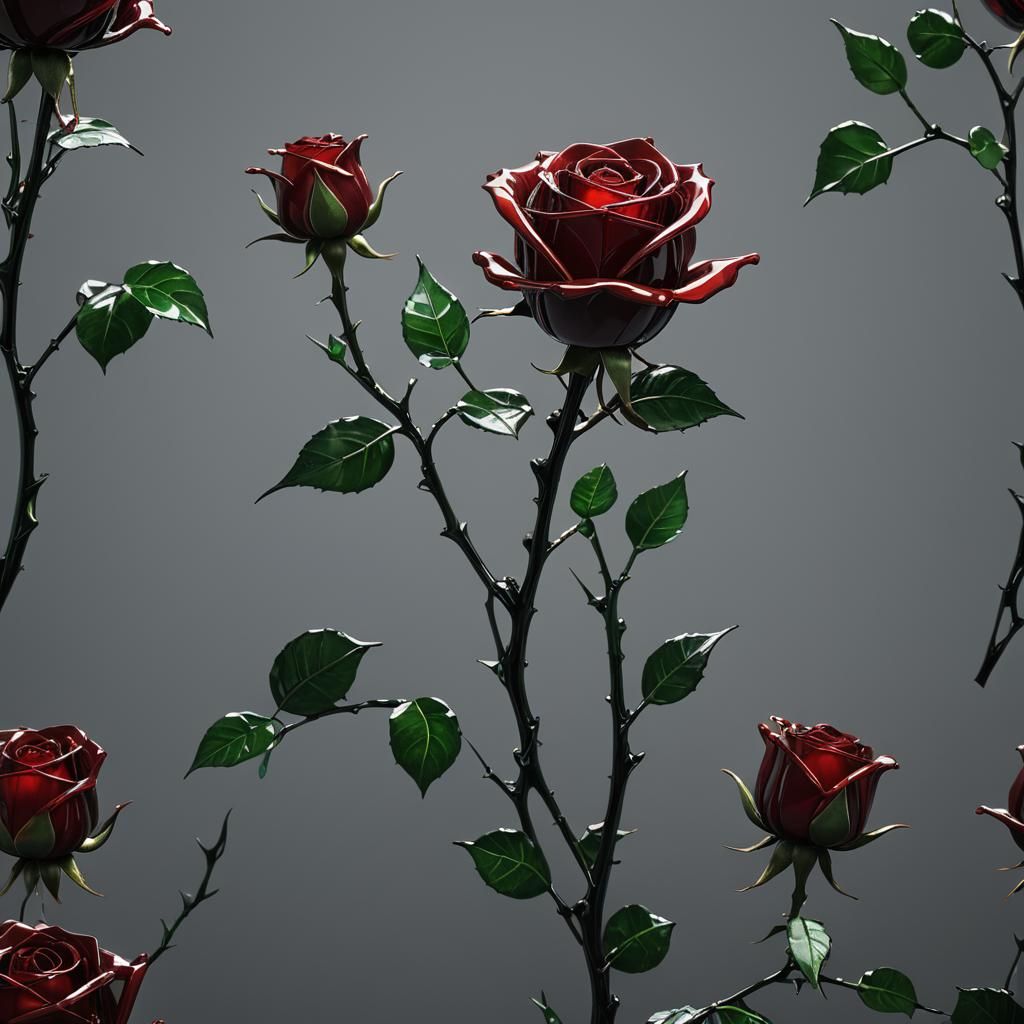 A closeup hyperrealistic single red glass rose with a green glass stem and thorns, with light reflecting through in all ...