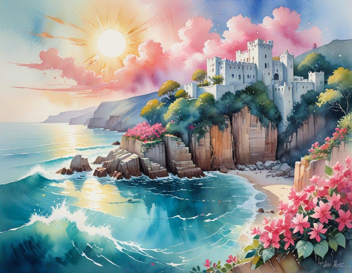 Rose Quartz Cloud-Castle: Summer Watercolor Dreamscape